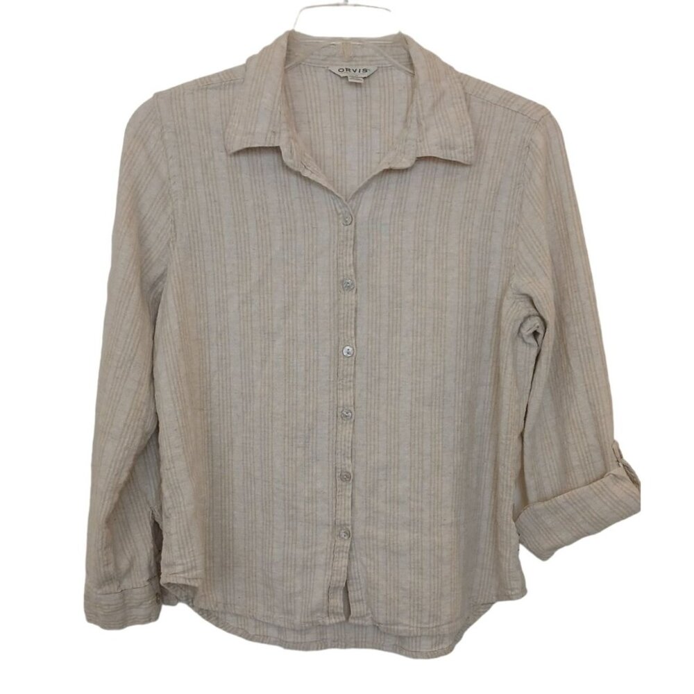 Orvis Classic Womens Medium Shirt Tan Striped Linen Blend Button Roll Sleeve D20